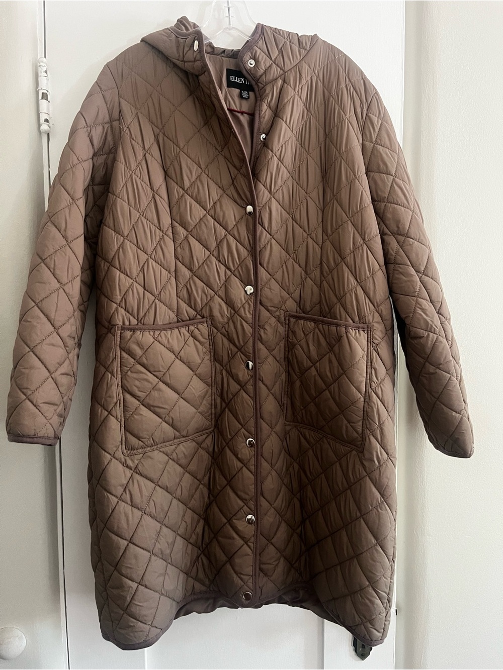 Ellen Tracy Quilted Hooded Puffer Coat in Brown Taupe - Size L